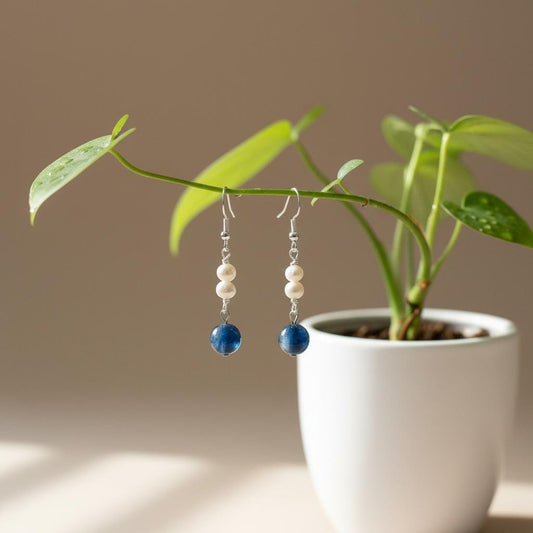 Gem Kyanite & Freshwater Pearl Earrings | Natural Blue Kyanite with White Pearl | Handmade Gemstone Dangle Jewelry for Everyday Wear