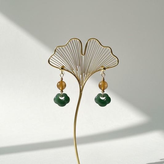 Blue Water Jade Ruyi with Golden Rutile Drop Earrings | Natural Gemstone Dangle Jewelry | Handmade Jade & Rutile Quartz Earrings