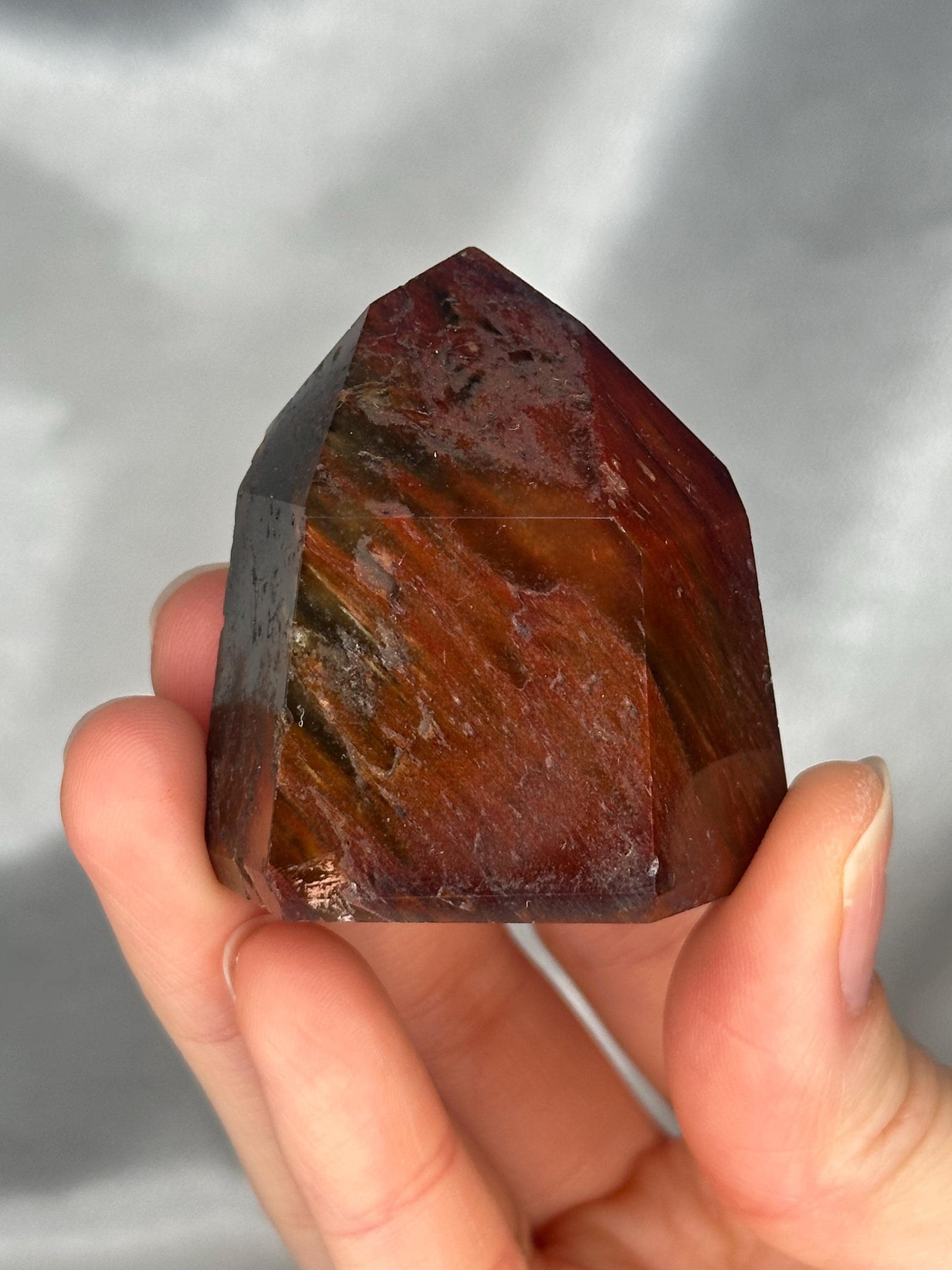 Red Amphibole Quartz Tower | Natural Quartz Crystal with Red Amphibole Inclusions | Polished Standing Mineral Specimen for Collector Display