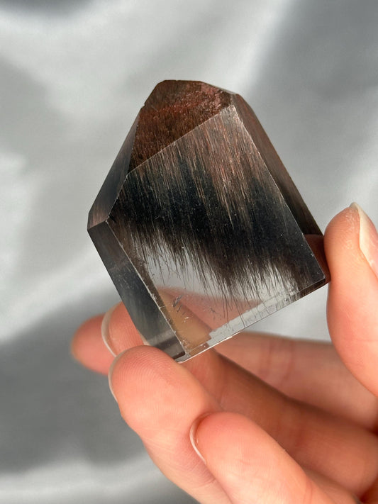 Red Amphibole Quartz Tower | Natural Quartz Crystal with Red Amphibole Inclusions | Polished Standing Mineral Specimen for Collector Display