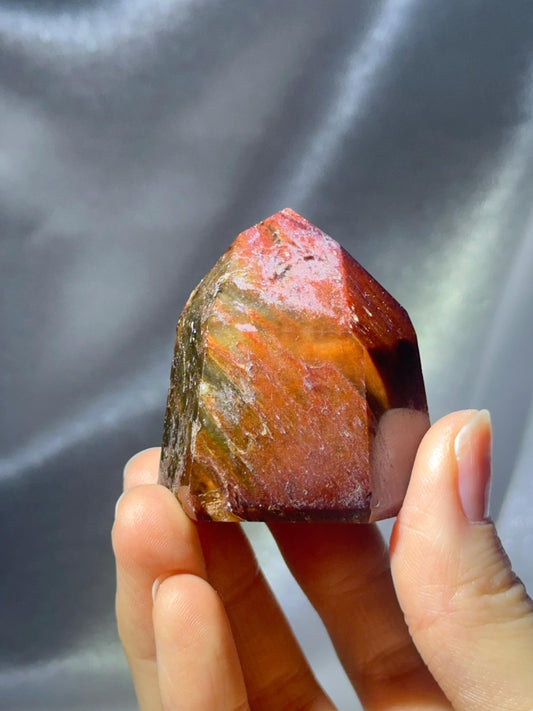Red Amphibole Quartz Tower | Natural Quartz Crystal with Red Amphibole Inclusions | Polished Standing Mineral Specimen for Collector Display