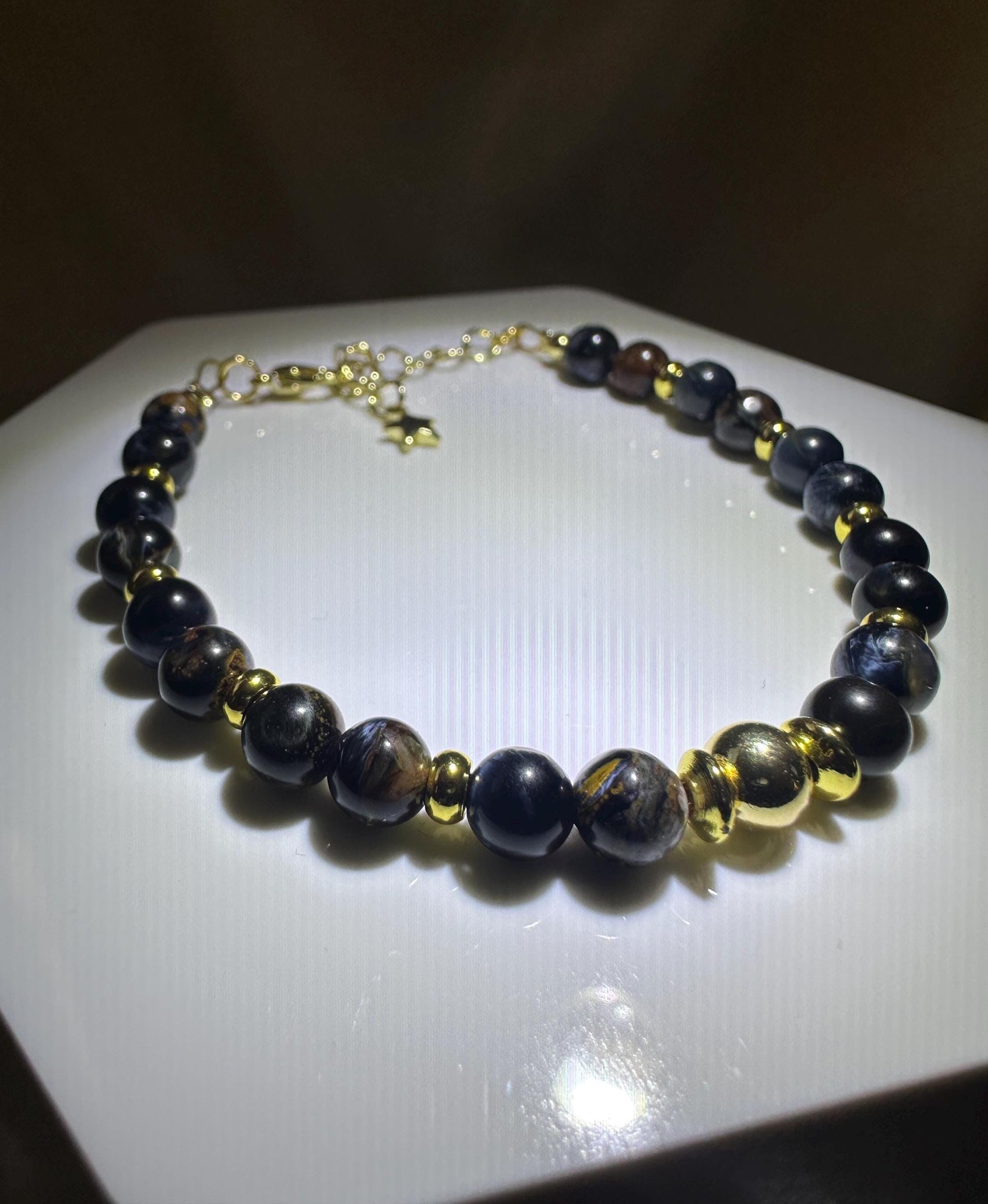 Blue Pietersite Bracelet | 14k Gold Plated Bead & Accents | Natural Blue Pietersite Gemstone Jewelry | Handmade Beaded Bracelet | Gift