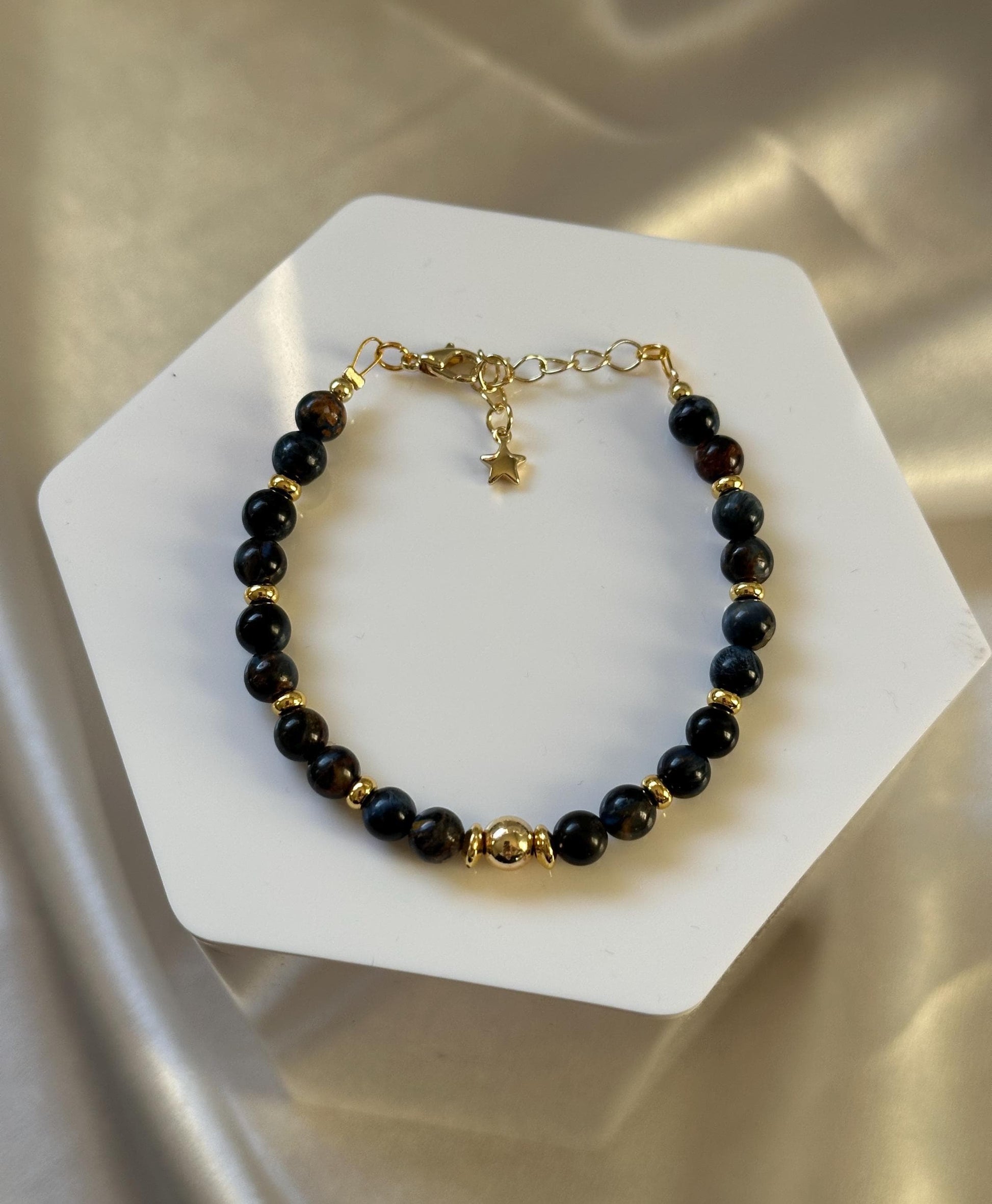 Blue Pietersite Bracelet | 14k Gold Plated Bead & Accents | Natural Blue Pietersite Gemstone Jewelry | Handmade Beaded Bracelet | Gift