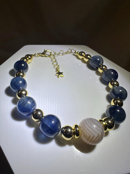 Blue Kyanite & Botswana Agate Bracelet | Focal Agate Bead | 14k Gold Plated Spacer Beads and Chain | Natural Gemstone Handmade Jewelry