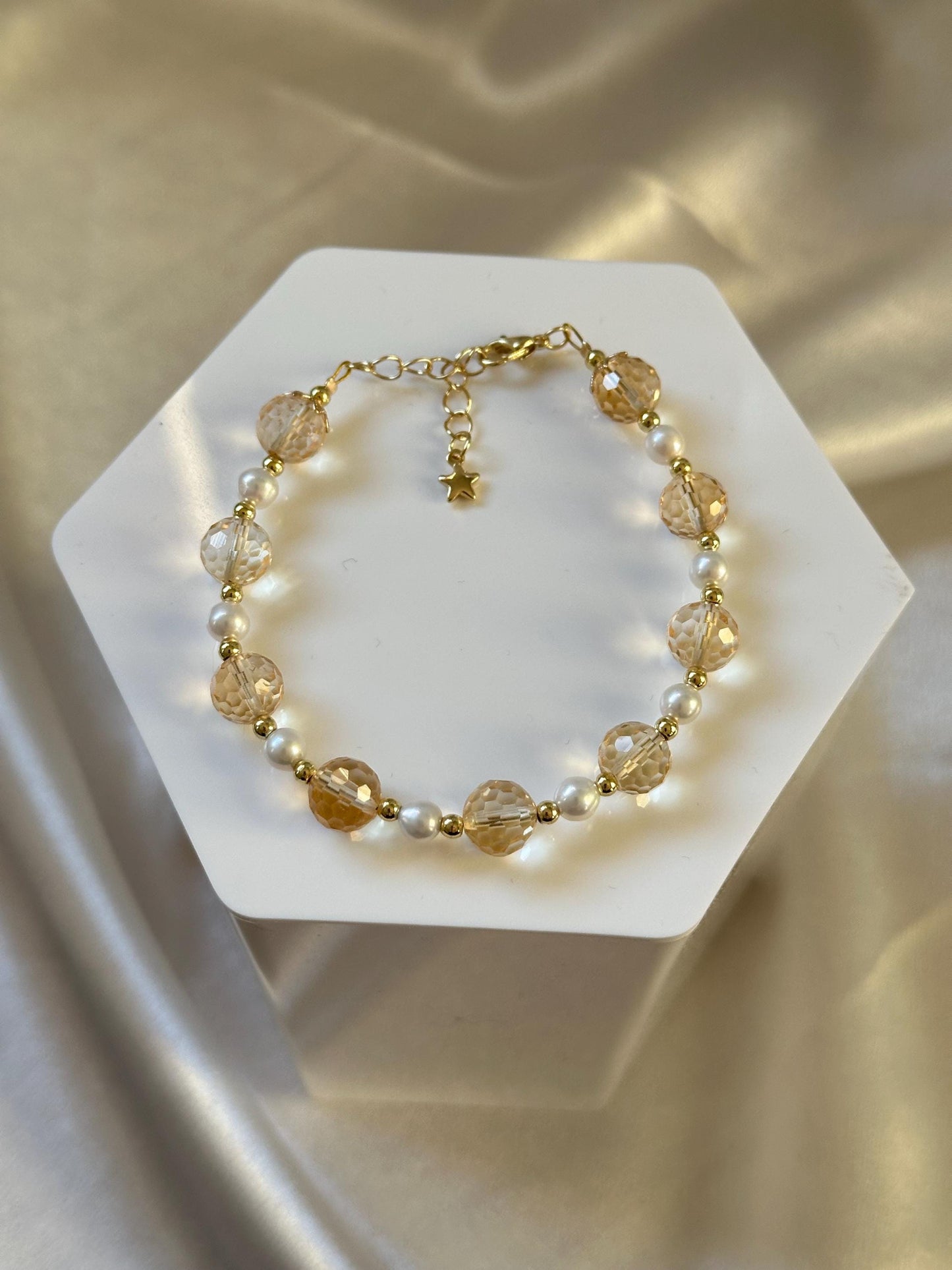 Faceted Citrine & Freshwater Pearl Bracelet | 14k Gold Plated Spacer Beads | Natural Gemstone Bead Jewelry | Handmade Pearl Citrine Design