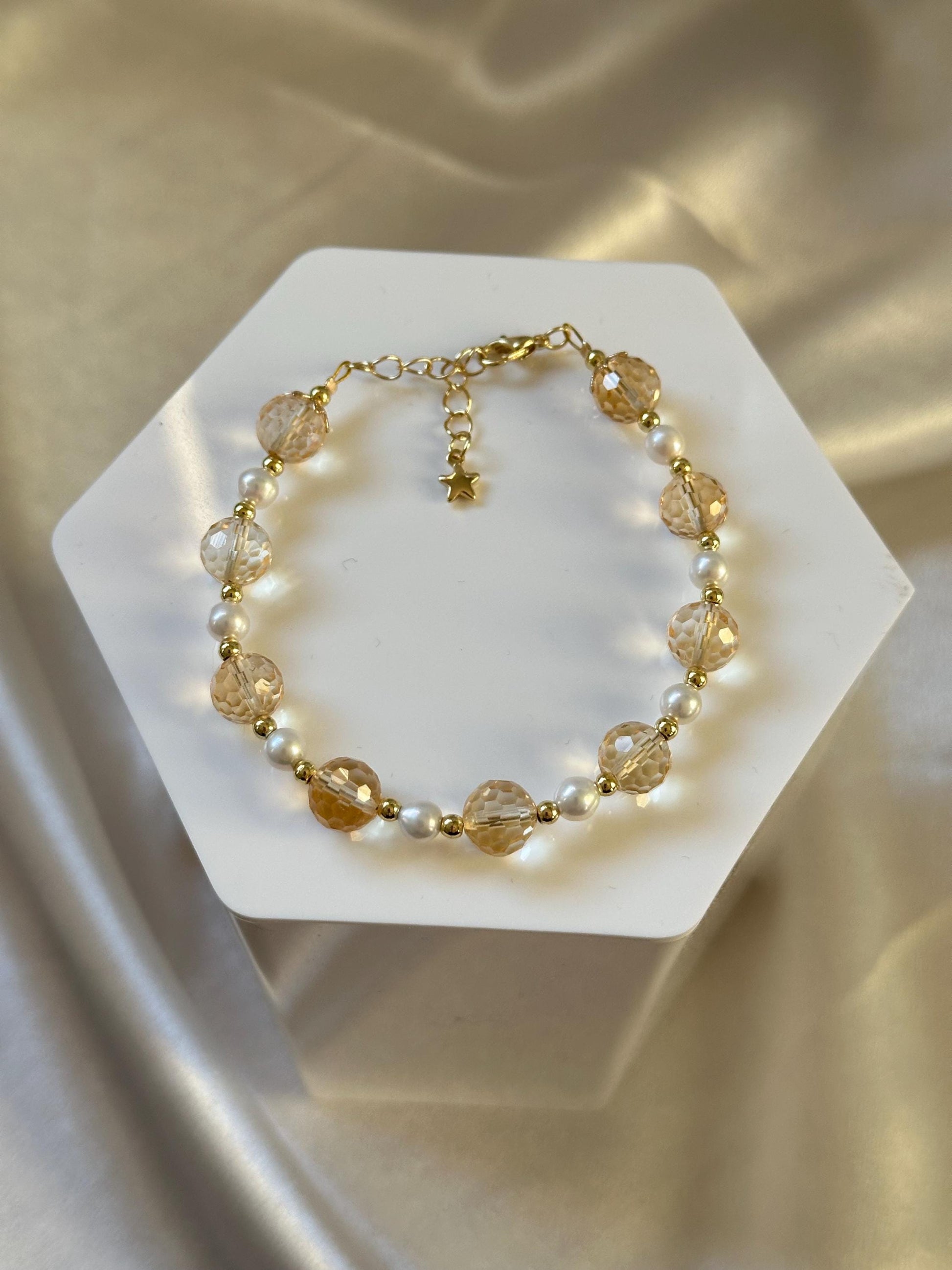Faceted Citrine & Freshwater Pearl Bracelet | 14k Gold Plated Spacer Beads | Natural Gemstone Bead Jewelry | Handmade Pearl Citrine Design