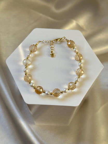 Faceted Citrine & Freshwater Pearl Bracelet | 14k Gold Plated Spacer Beads | Natural Gemstone Bead Jewelry | Handmade Pearl Citrine Design