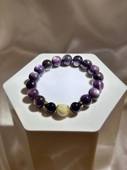 Gem Lepidolite (Stabilized) & Tridacna Shell Focal Bead Bracelet | Natural Purple Gemstone Beads | Handmade Crystal Jewelry for Collectors