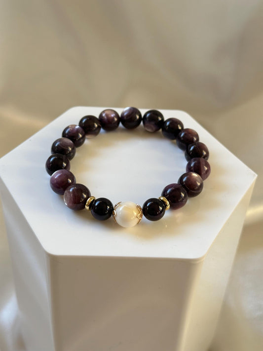 Gem Lepidolite (Stabilized) & Tridacna Shell Focal Bead Bracelet | Natural Purple Gemstone Beads | Handmade Crystal Jewelry for Collectors