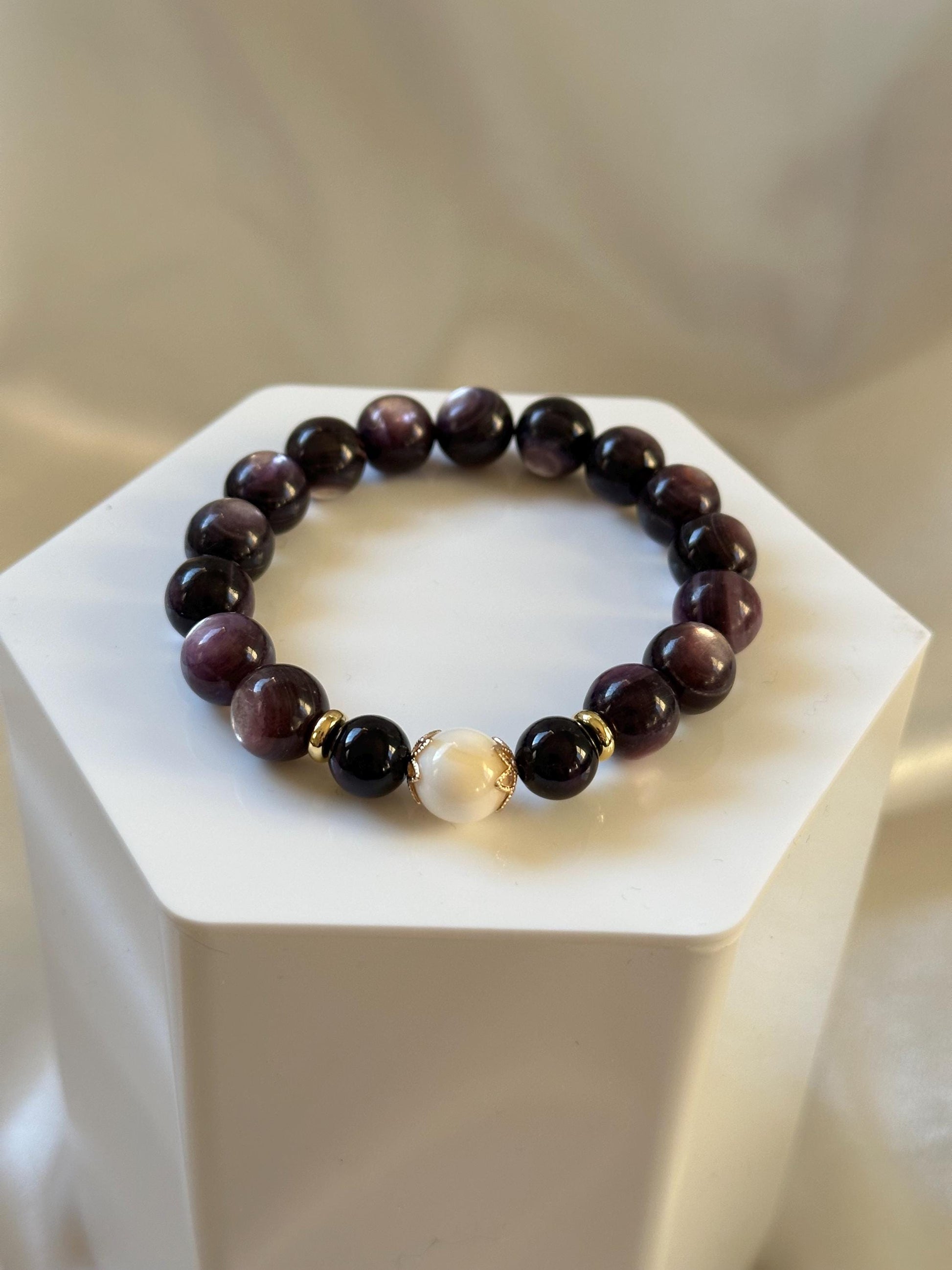 Gem Lepidolite (Stabilized) & Tridacna Shell Focal Bead Bracelet | Natural Purple Gemstone Beads | Handmade Crystal Jewelry for Collectors