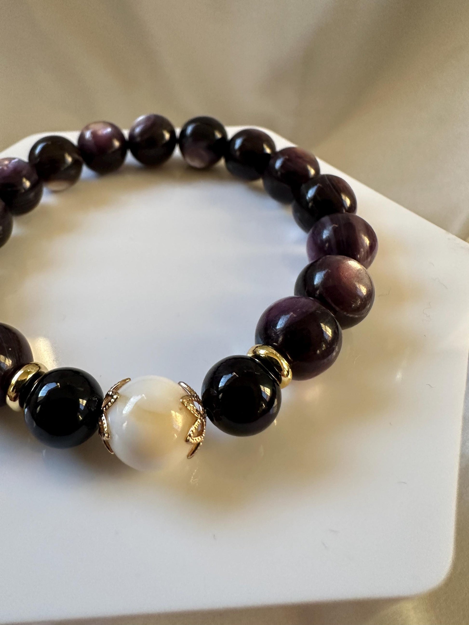 Gem Lepidolite (Stabilized) & Tridacna Shell Focal Bead Bracelet | Natural Purple Gemstone Beads | Handmade Crystal Jewelry for Collectors