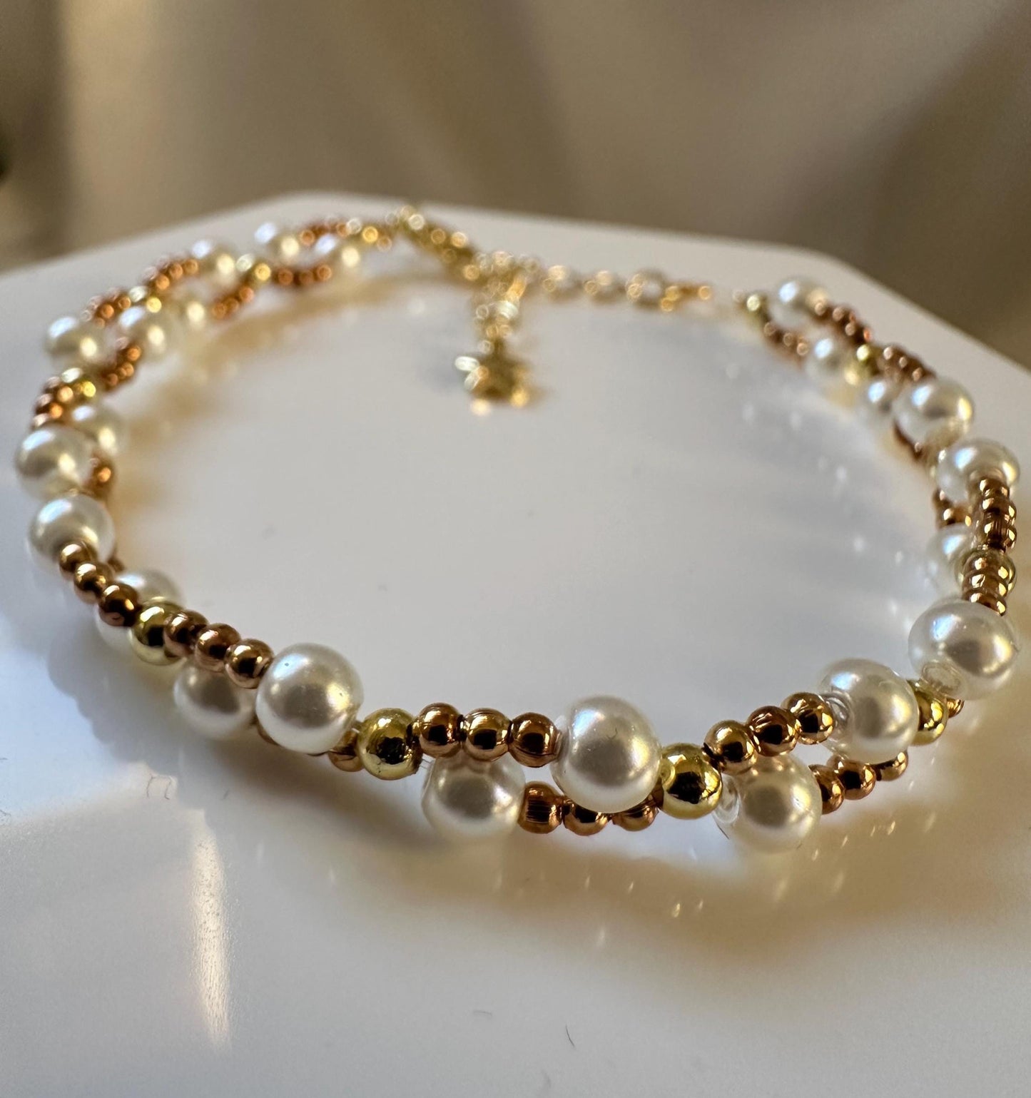 Braided Gold Tone Metal Bead Necklace | Imitation Pearl Accents | 14k Gold Plated Chain | Handmade Fashion Jewelry Design | Gift