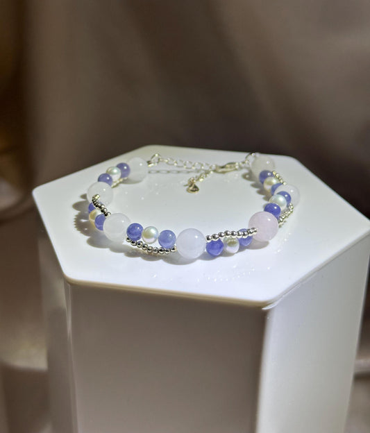 Tanzanite, White Agate & Pearl Braided Bracelet | Natural Gemstone Beads | Handmade Braided Jewelry with Mixed Stone Accents