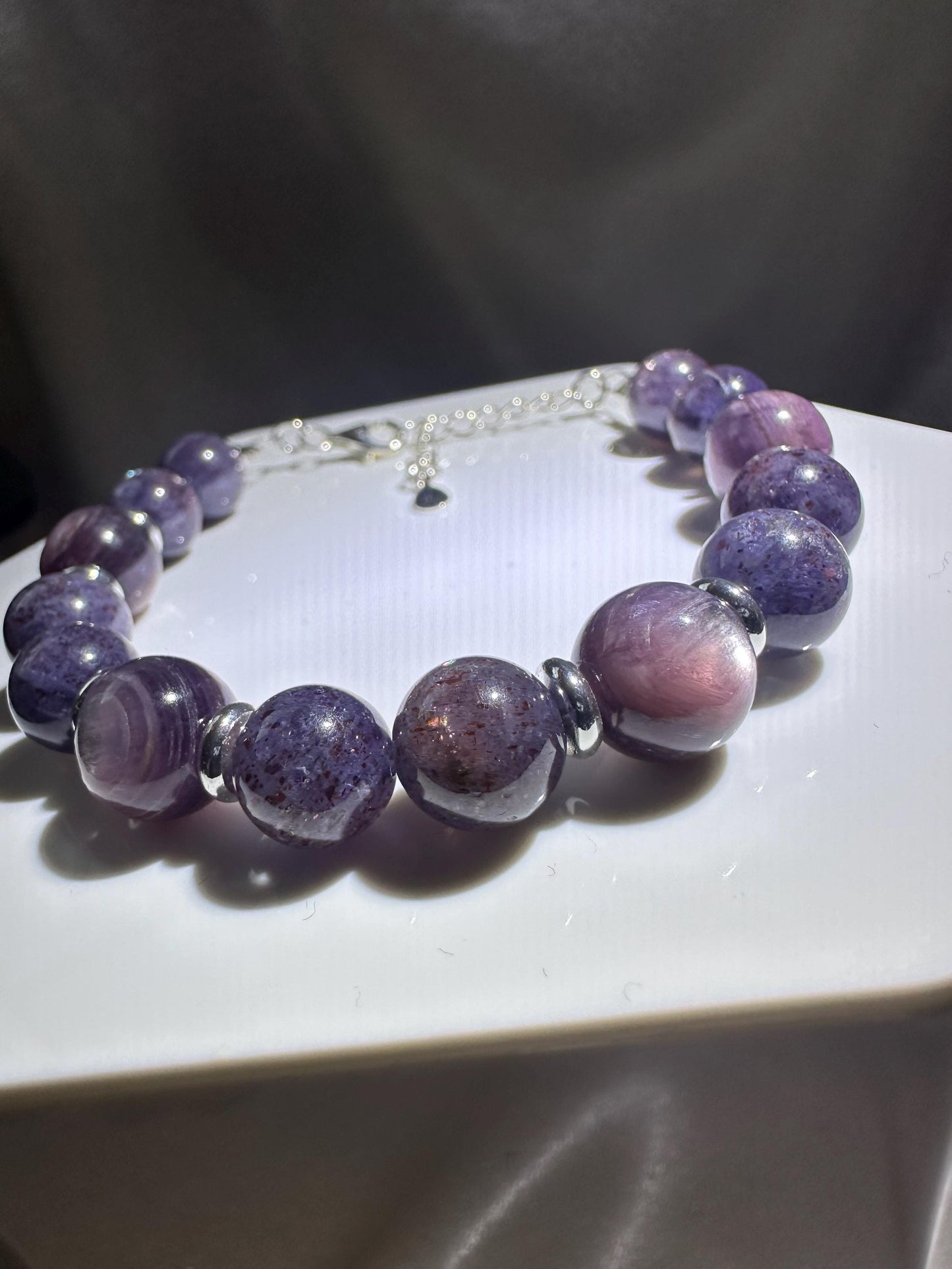 Gem Lepidolite (Stabilized) & Bloodshot Iolite Bracelet | Silver Plated Spacers | Natural Purple Blue Gemstone Beaded Jewelry | Handmade