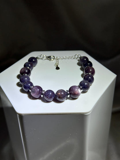Gem Lepidolite (Stabilized) & Bloodshot Iolite Bracelet | Silver Plated Spacers | Natural Purple Blue Gemstone Beaded Jewelry | Handmade