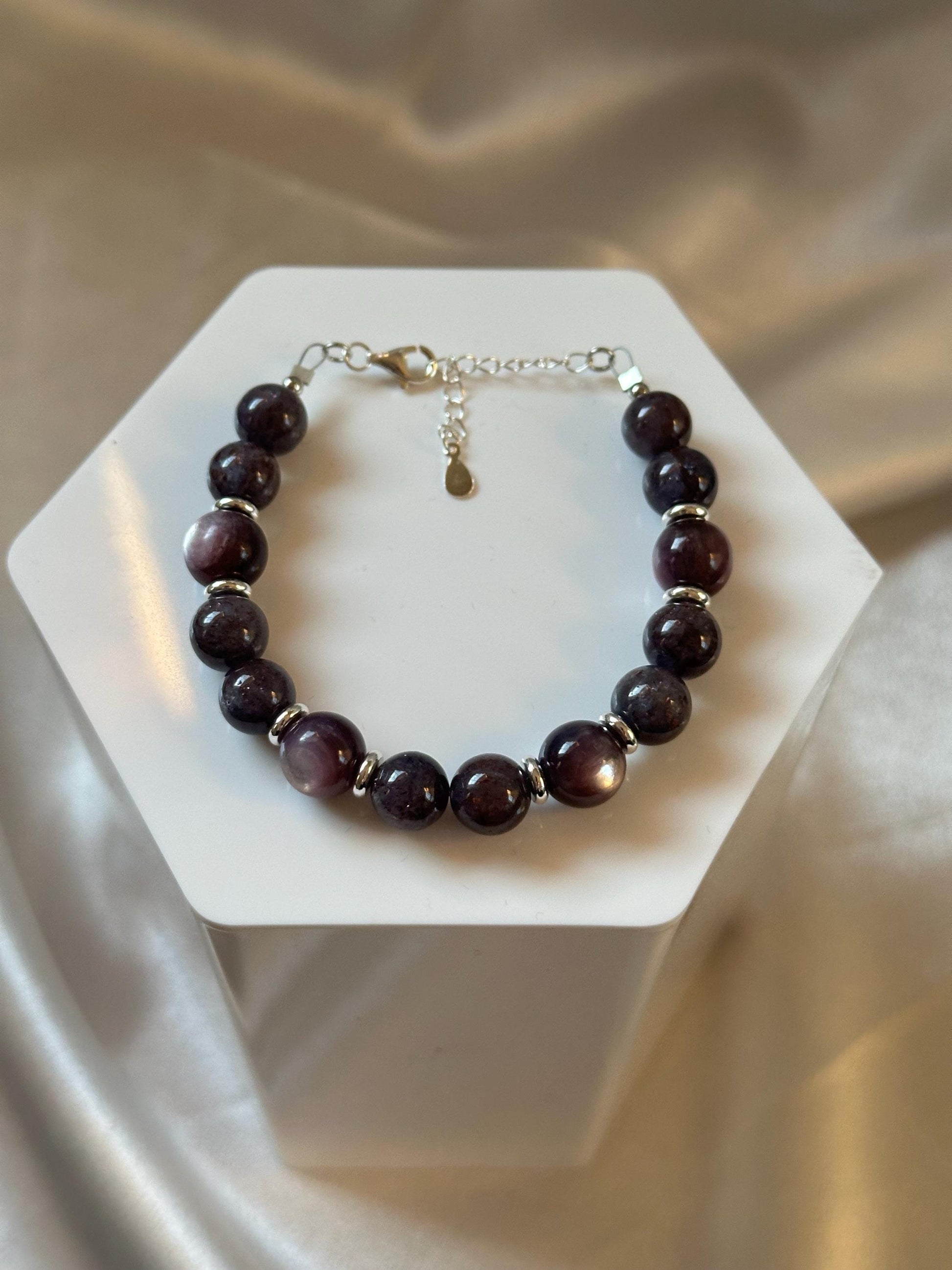 Gem Lepidolite (Stabilized) & Bloodshot Iolite Bracelet | Silver Plated Spacers | Natural Purple Blue Gemstone Beaded Jewelry | Handmade