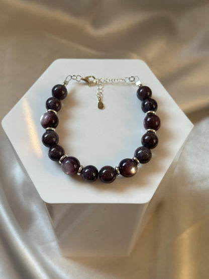 Gem Lepidolite (Stabilized) & Bloodshot Iolite Bracelet | Silver Plated Spacers | Natural Purple Blue Gemstone Beaded Jewelry | Handmade
