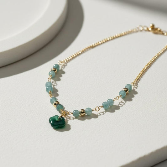 Blue Water Jade Ruyi Pendant Necklace | Blue Water Jade Beads | 14k Gold Plated Spacer Beads | Handmade Gemstone Necklace Jewelry