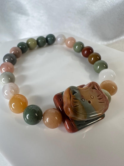 Alashan Agate Kitty Bracelet Fidget Spinner | Natural Agate Beaded Bracelet with Spinning Cat Charm | Handmade Gemstone Jewelry