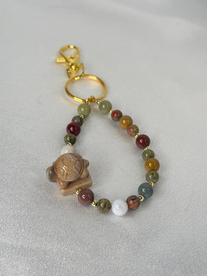 Alashan Agate With Unakite Turtle Fidget Spinner Keychain | Natural Agate Beads with Spinning Charm | Handmade Gemstone Keyring Accessory