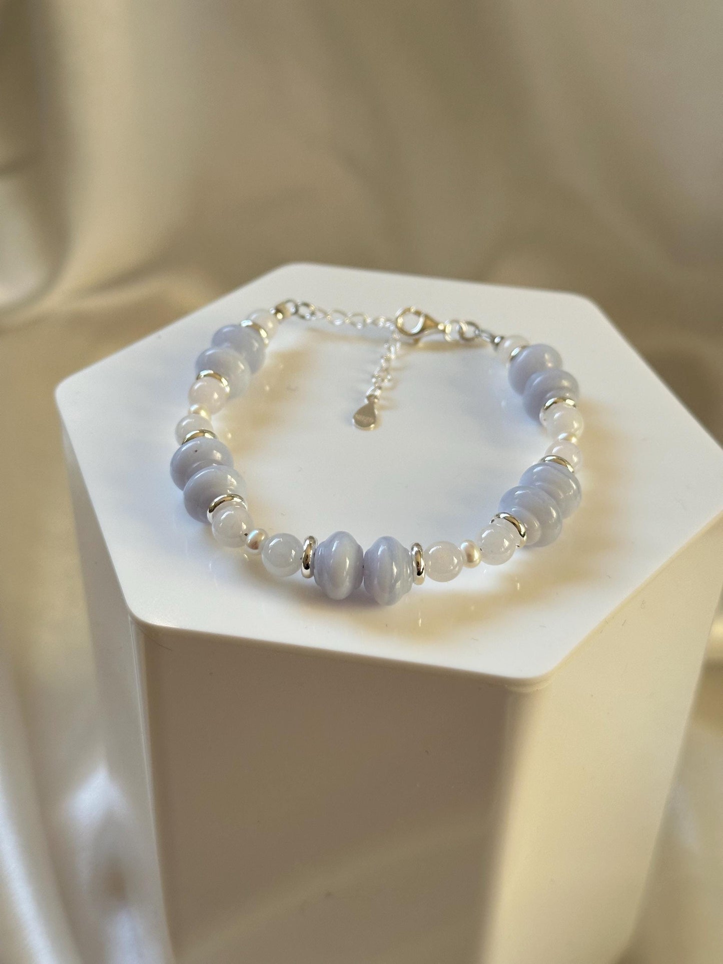 Blue Lace Agate, Freshwater Pearl & Pale Lavender Jade Bracelet | Natural Gemstone Beaded Jewelry | Handmade Light Blue, White and Lavender