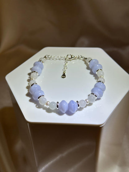 Blue Lace Agate, Freshwater Pearl & Pale Lavender Jade Bracelet | Natural Gemstone Beaded Jewelry | Handmade Light Blue, White and Lavender