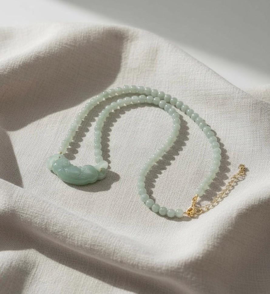 Icy Green Jade Ruyi Bead Pendant 5.4mm – Natural Jade Necklace, Carved Longevity Symbol, Elegant Crystal Jewelry, Meaningful Gift