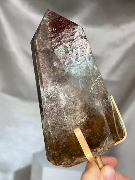 Garden Quartz Tower on Stand | Scenic Lodolite Crystal for Manifestation & Insight | Unique Gemstone Display or Altar Decor