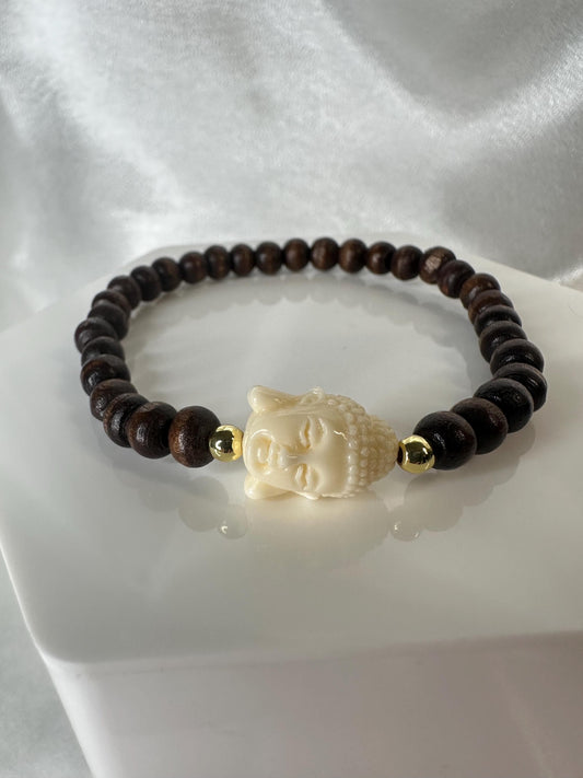 Buddha Bracelet with Buddha Focal Bead | Natural Wood Beads | 14k Gold Plated Spacer Beads | Handmade Beaded Bracelet Jewelry