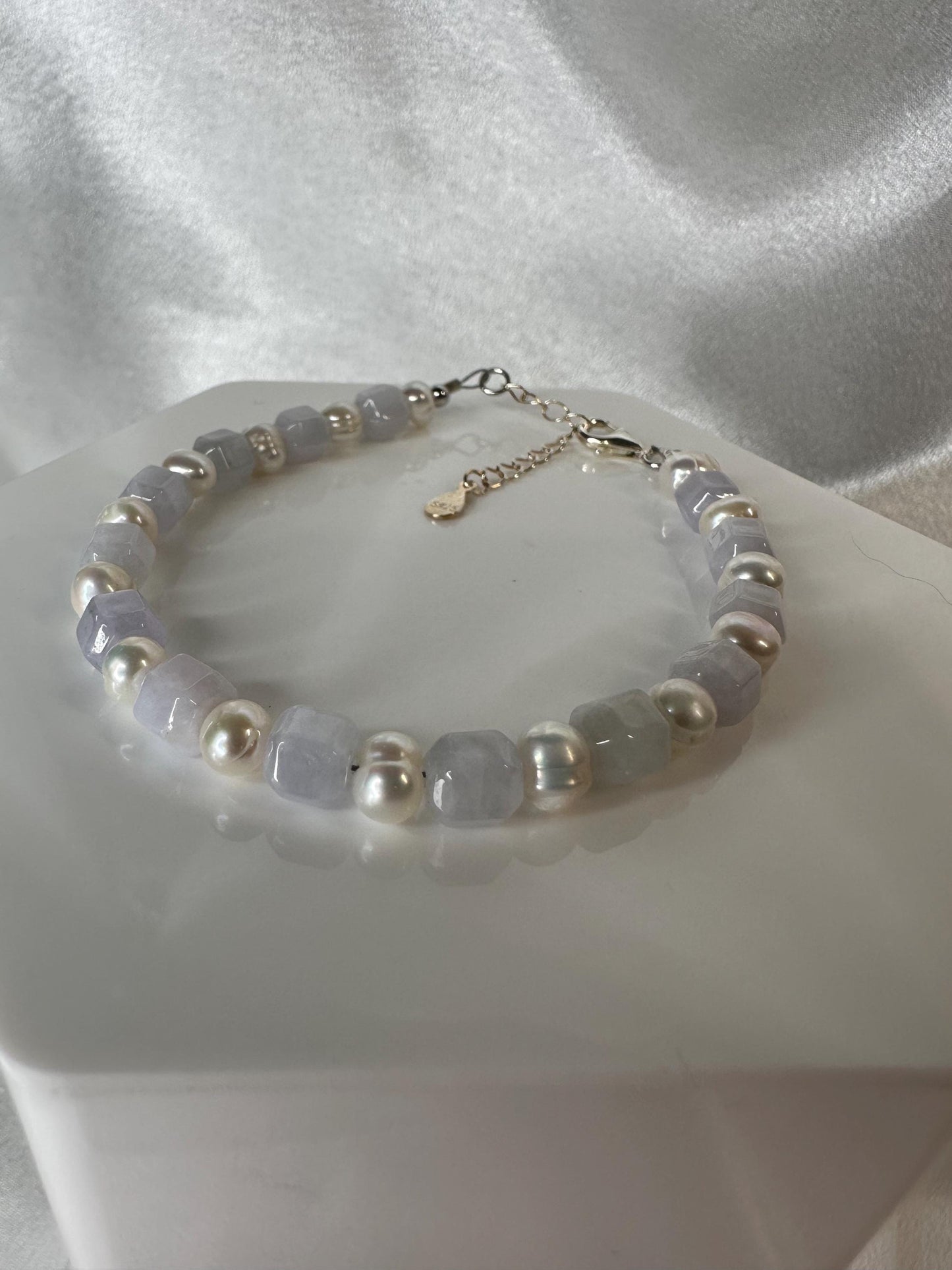 Lavender Jade Cube Cut Necklace with Freshwater Pearl | Natural Jade Beads | S925 Sterling Silver Extender Chain | Handmade Gemstone Jewelry