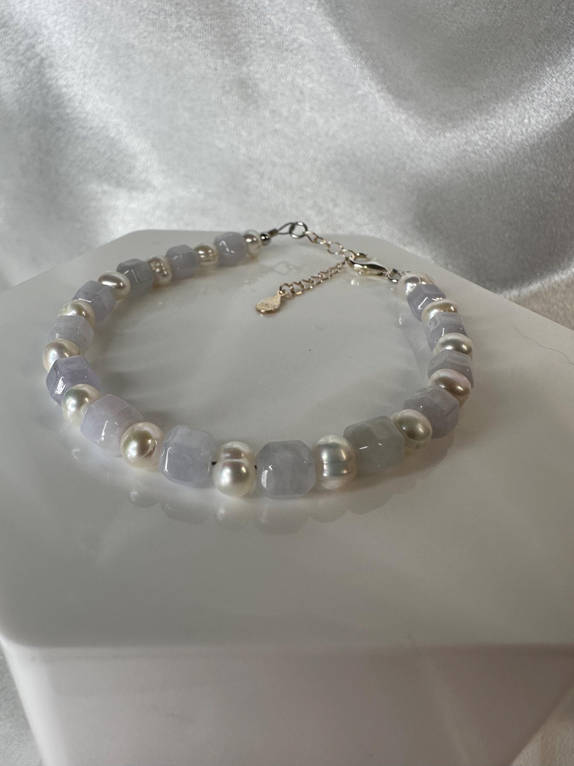 Lavender Jade Cube Cut Necklace with Freshwater Pearl | Natural Jade Beads | S925 Sterling Silver Extender Chain | Handmade Gemstone Jewelry