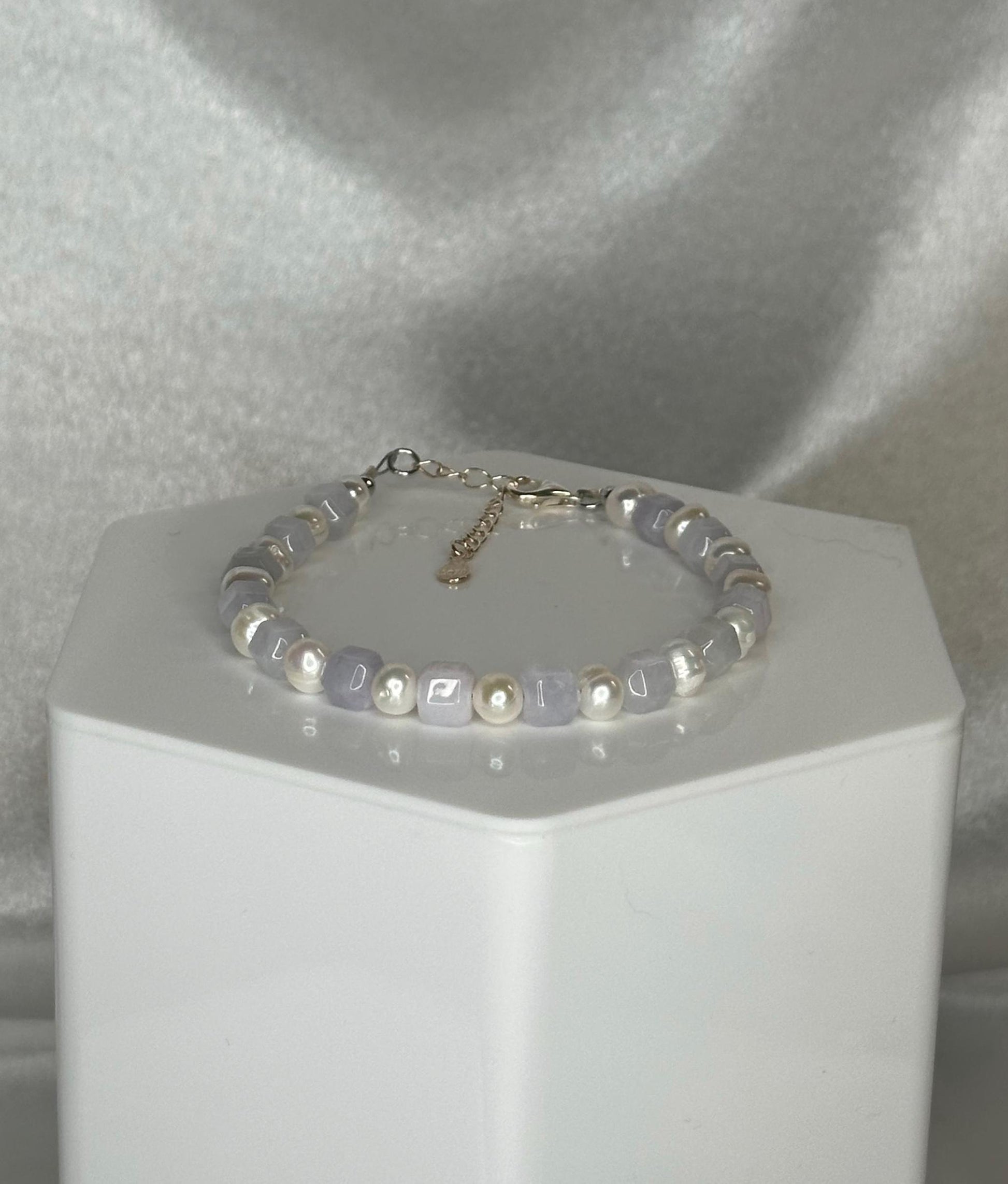 Lavender Jade Cube Cut Necklace with Freshwater Pearl | Natural Jade Beads | S925 Sterling Silver Extender Chain | Handmade Gemstone Jewelry