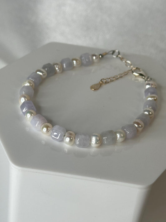 Lavender Jade Cube Cut Necklace with Freshwater Pearl | Natural Jade Beads | S925 Sterling Silver Extender Chain | Handmade Gemstone Jewelry