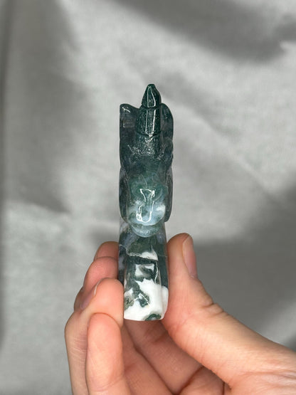 Moss Agate Unicorn Carving | Natural Green Moss Agate Stone Sculpture | Polished Unicorn Crystal Figurine for Collectors & Display