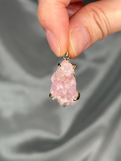 Crystallized Rose Quartz Pendant | Natural Pink Quartz Crystal Growth | Gold Plated Setting Pendant | Polished Gemstone Jewelry Necklaces