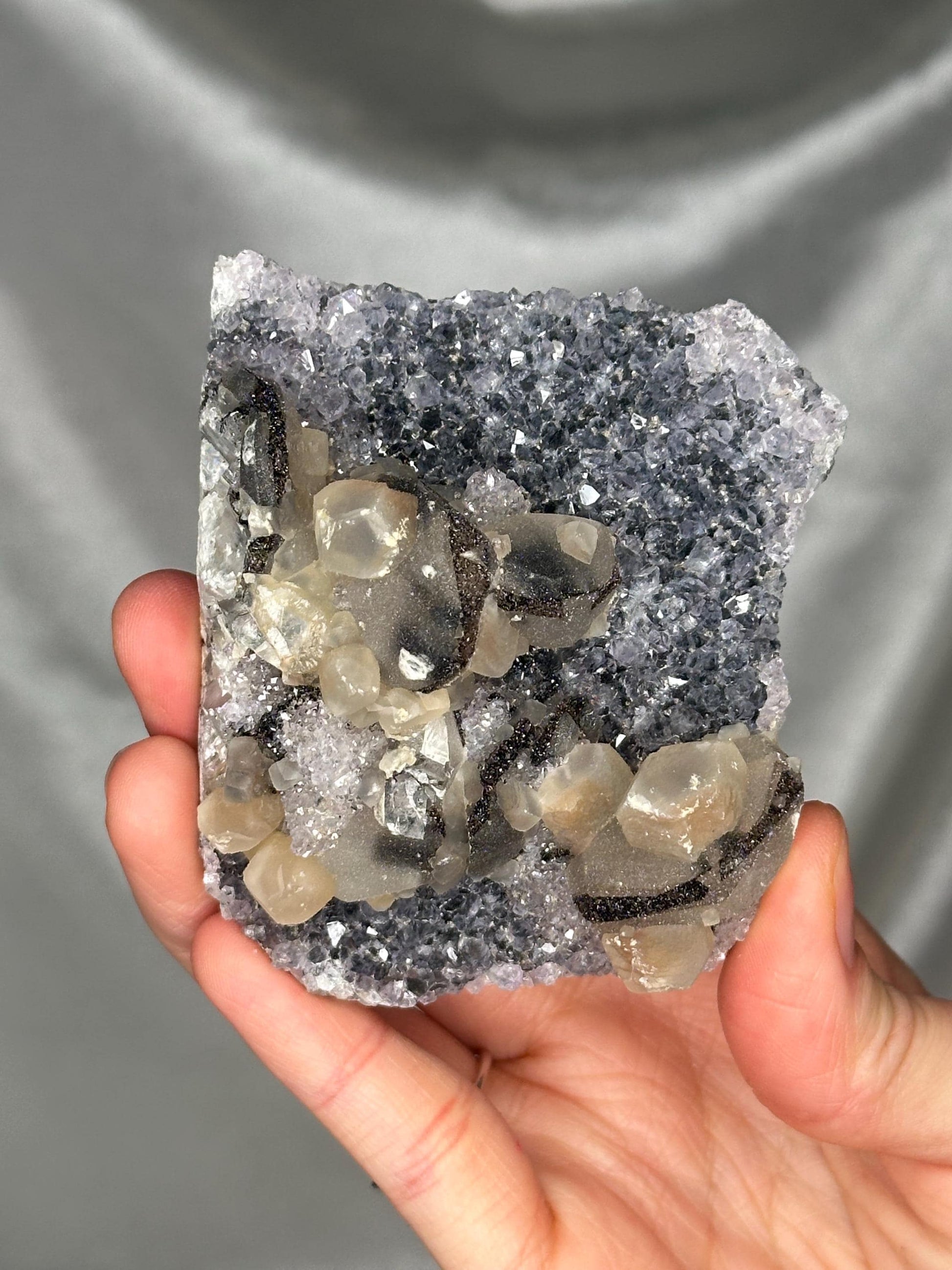 Amethyst with Calcite & Goethite Plate Specimen | Natural Amethyst Crystal with Mineral Growth | Flat Mineral Display Piece for Collectors