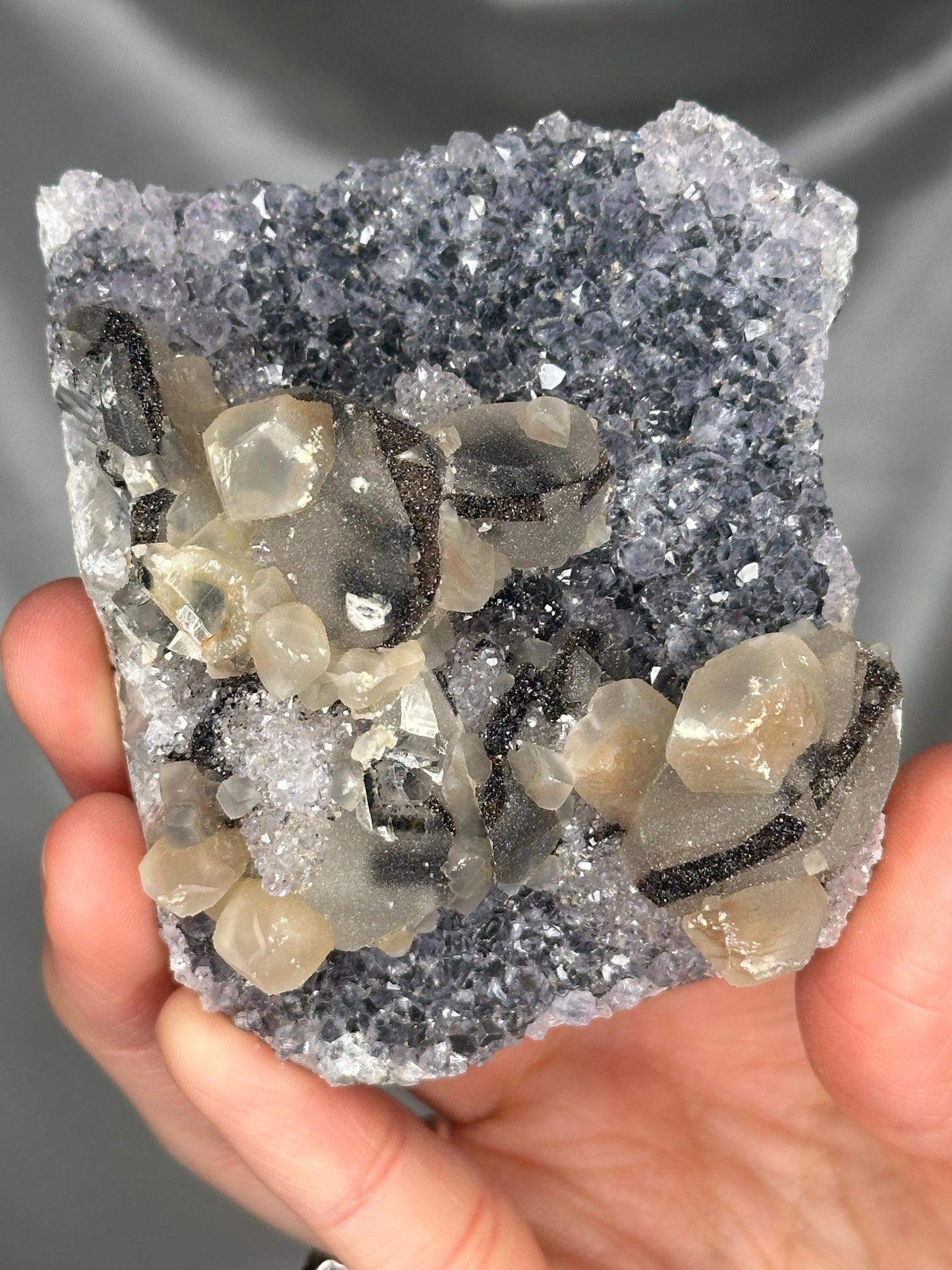 Amethyst with Calcite & Goethite Plate Specimen | Natural Amethyst Crystal with Mineral Growth | Flat Mineral Display Piece for Collectors
