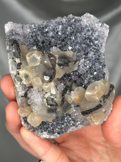 Amethyst with Calcite & Goethite Plate Specimen | Natural Amethyst Crystal with Mineral Growth | Flat Mineral Display Piece for Collectors