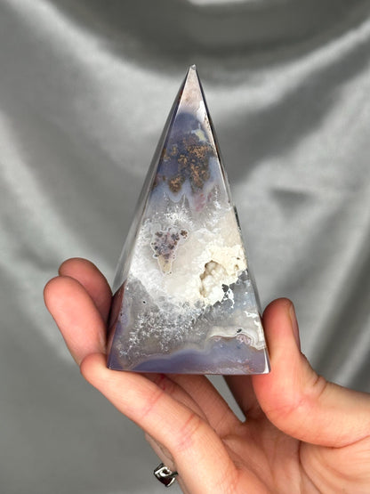 Druzy Agate Pyramid with Moss Inclusions | White Sugar Druzy Pocket | Natural Agate Crystal Pyramid Mineral Specimen for Collectors Display