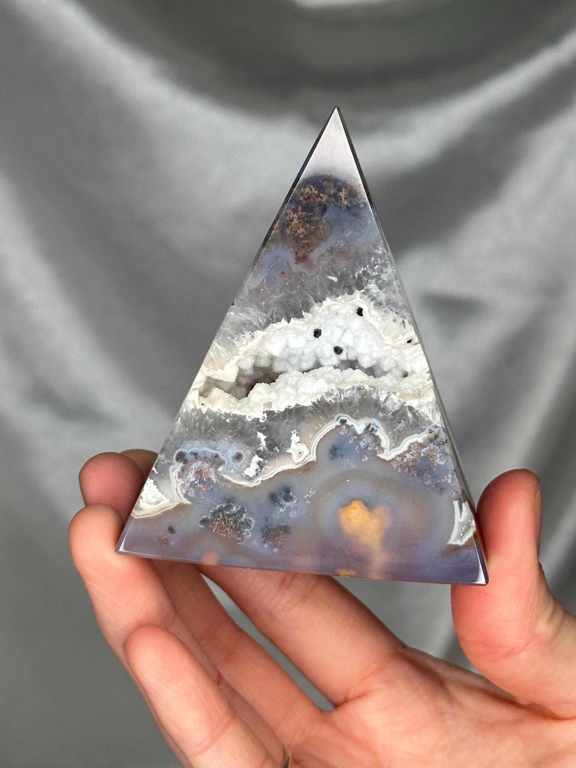 Druzy Agate Pyramid with Moss Inclusions | White Sugar Druzy Pocket | Natural Agate Crystal Pyramid Mineral Specimen for Collectors Display