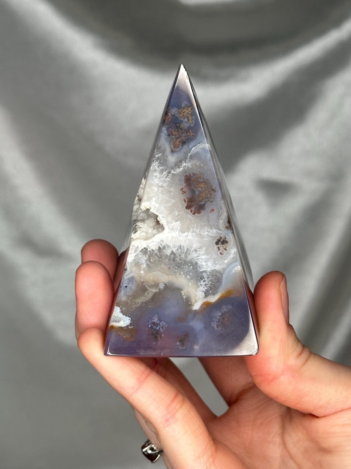 Druzy Agate Pyramid with Moss Inclusions | White Sugar Druzy Pocket | Natural Agate Crystal Pyramid Mineral Specimen for Collectors Display