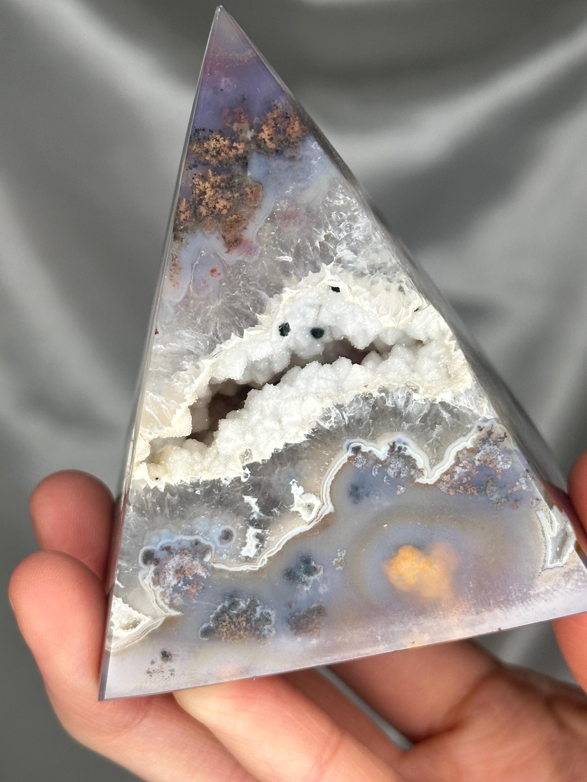 Druzy Agate Pyramid with Moss Inclusions | White Sugar Druzy Pocket | Natural Agate Crystal Pyramid Mineral Specimen for Collectors Display