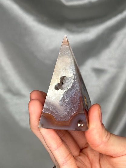 Druzy Agate Pyramid with Sugar Druzy Pocket | Natural Agate Crystal Pyramid | Sparkling Druze Mineral Specimen for Collectors & Display
