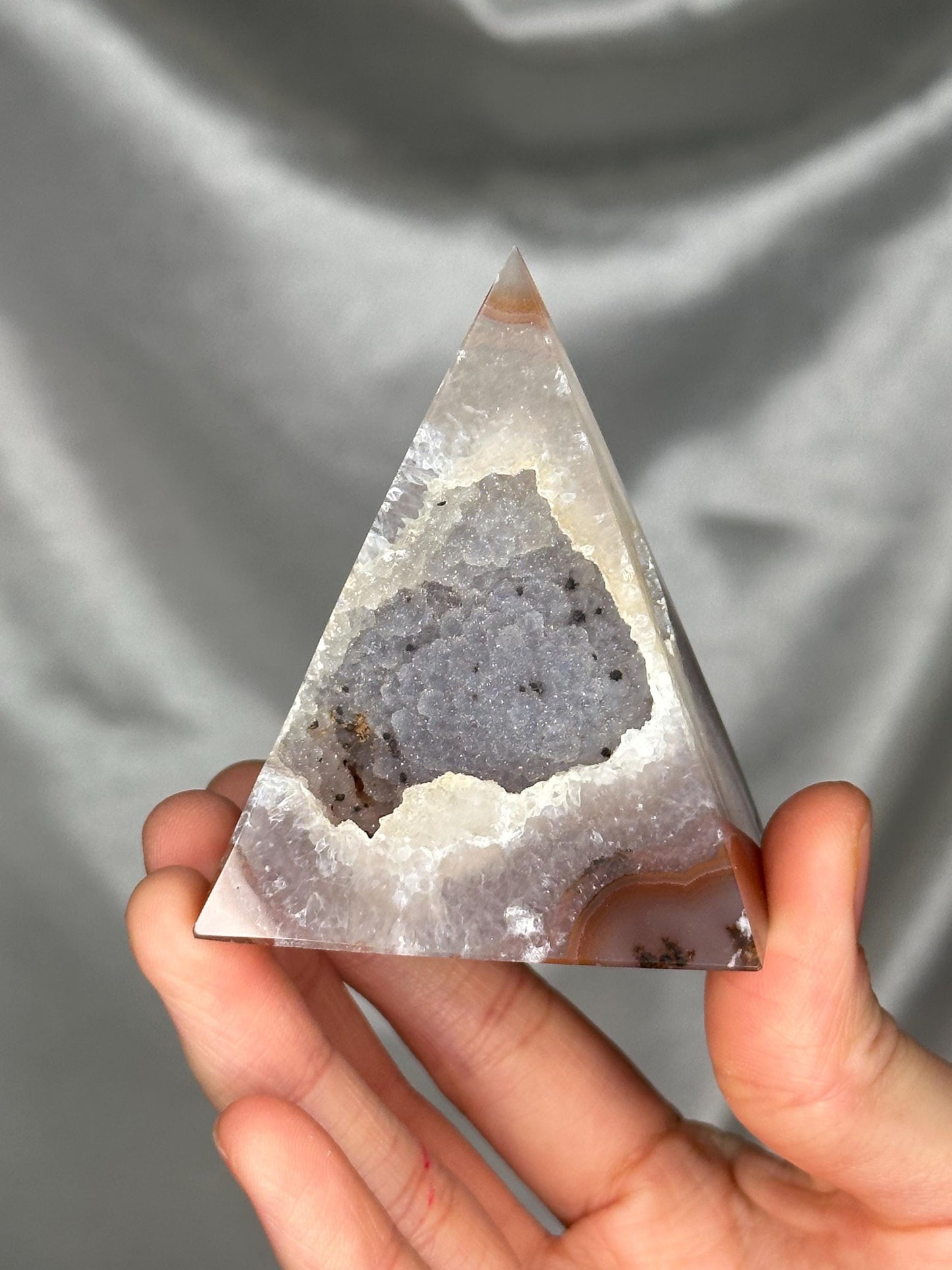 Druzy Agate Pyramid with Sugar Druzy Pocket | Natural Agate Crystal Pyramid | Sparkling Druze Mineral Specimen for Collectors & Display