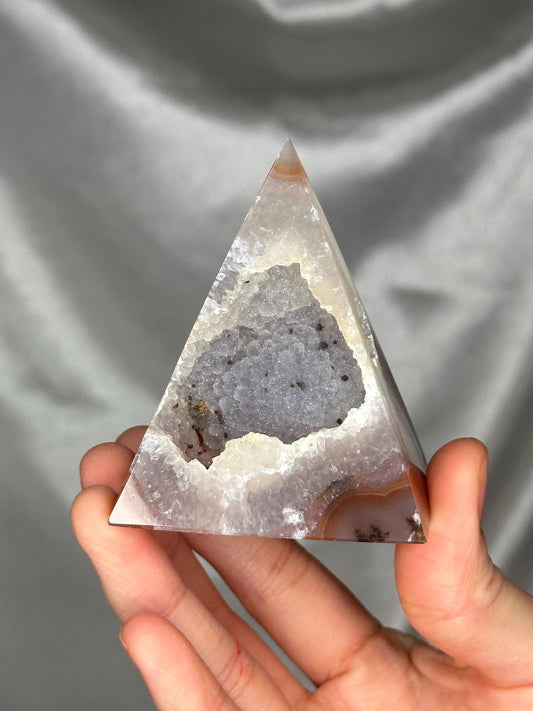 Druzy Agate Pyramid with Sugar Druzy Pocket | Natural Agate Crystal Pyramid | Sparkling Druze Mineral Specimen for Collectors & Display