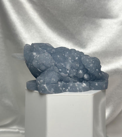 Snowflake Angelite Money Toad Carving w/ Removable Coin | Feng Shui Wealth Frog | Abundance & Prosperity Crystal Figurine