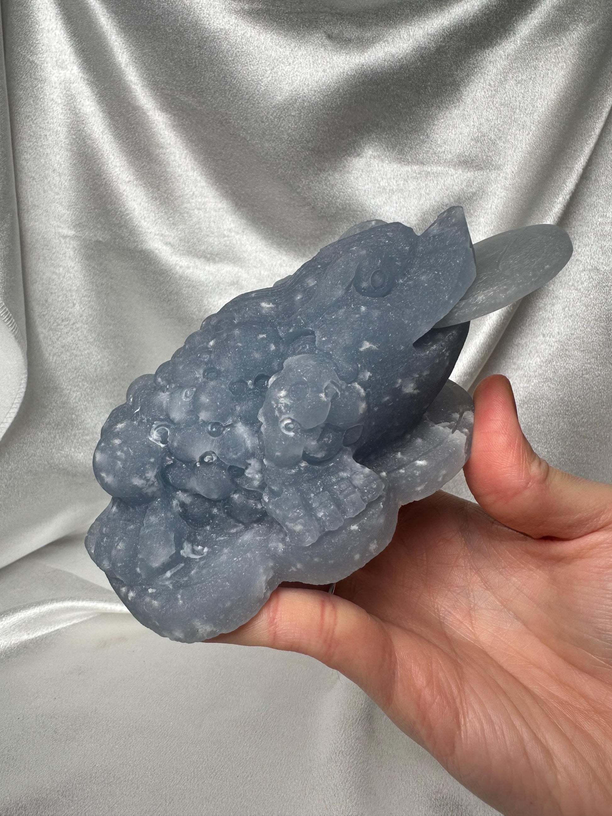 Snowflake Angelite Money Toad Carving w/ Removable Coin | Feng Shui Wealth Frog | Abundance & Prosperity Crystal Figurine