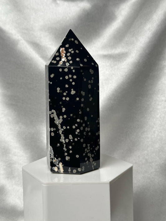 Stardust Obsidian Tower | Natural Black Obsidian with Volcanic Dust Inclusions | Polished Standing Volcanic Glass Mineral Specimen Display