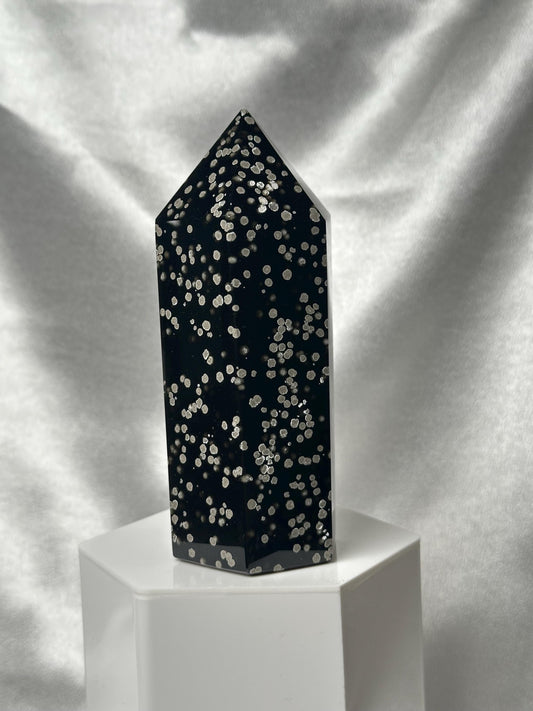 Stardust Obsidian Tower | Natural Black Obsidian with Volcanic Dust Inclusions | Polished Standing Volcanic Glass Mineral Specimen Display