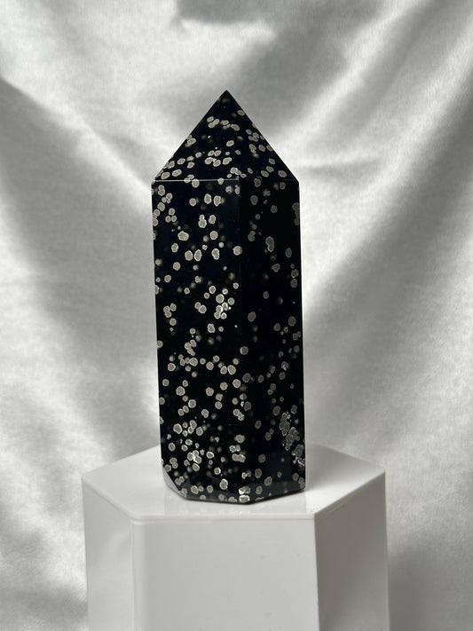 Stardust Obsidian Tower | Natural Black Obsidian with Volcanic Dust Inclusions | Polished Standing Volcanic Glass Mineral Specimen Display
